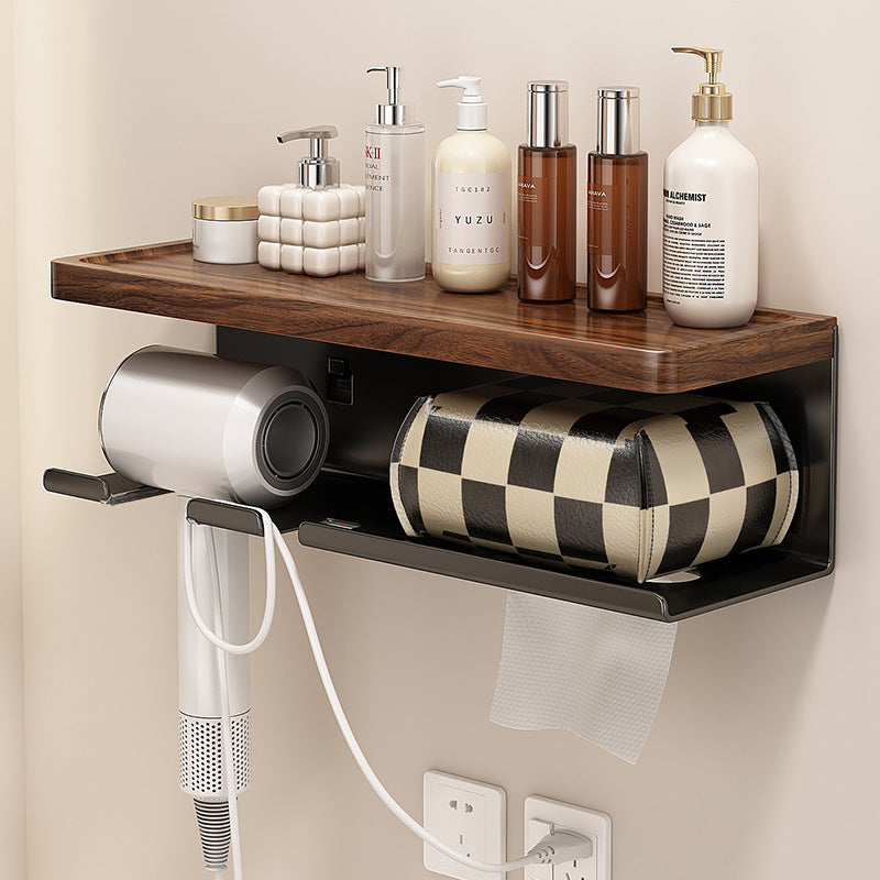 Walnut Wall-Mounted Hair Dryer Holder with Storage Shelf and Tissue Dispenser for Bathroom