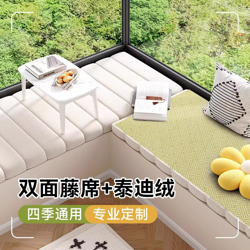 Reversible Bay Window Cushion, Rattan Mat & Teddy Fleece, All-Season Washable & Wear-Resistant