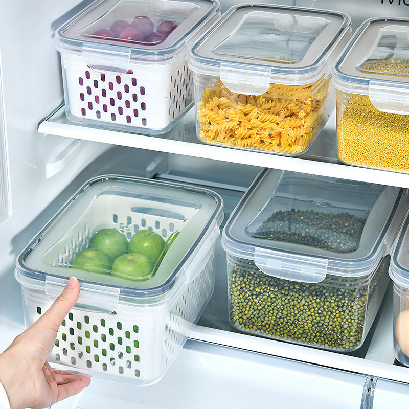 Refrigerator Produce Storage Containers with Drainer and Lid - Food-Grade Plastic, Freezer Safe