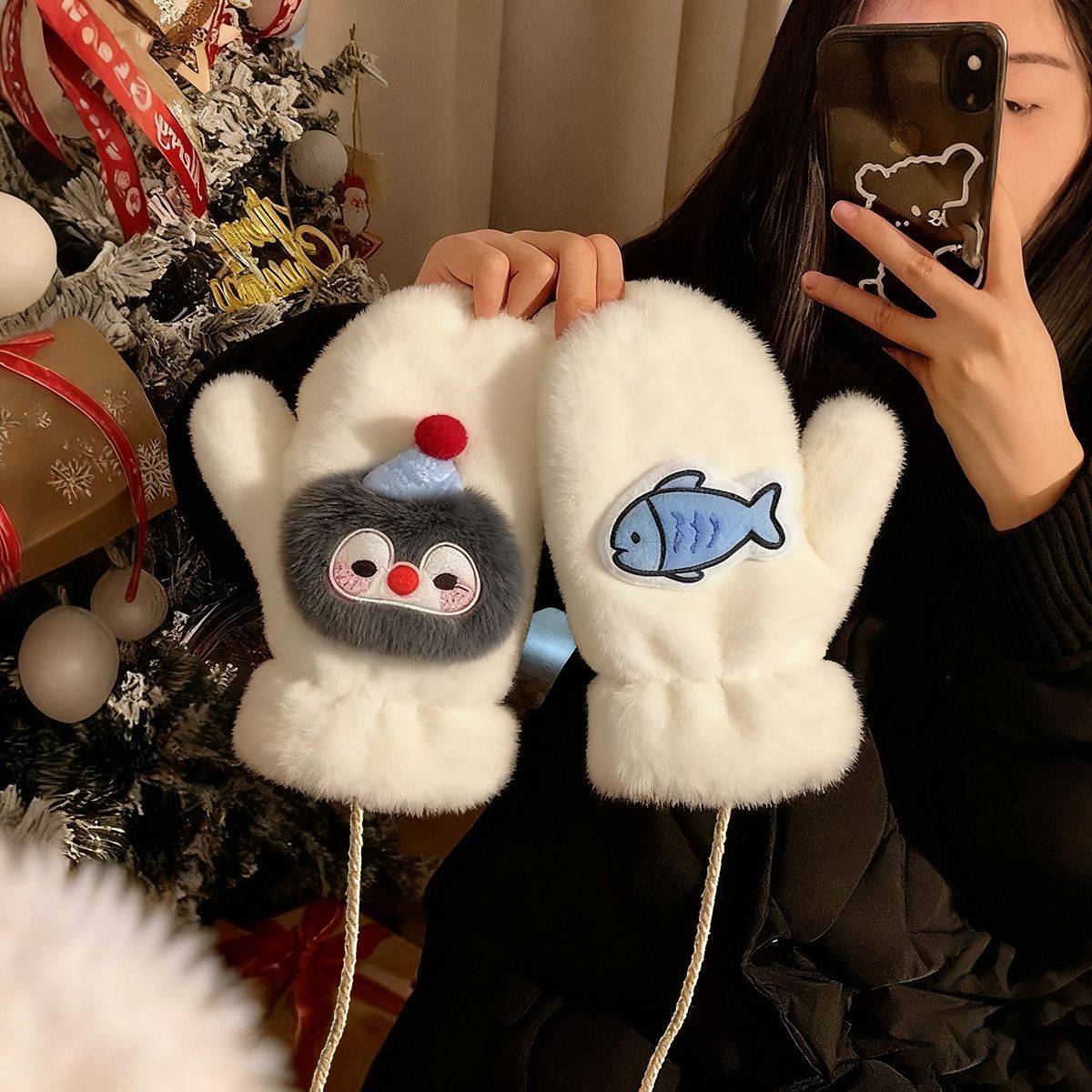 Cute Plush Penguin Winter Gloves for Women, Lined Thermal Mittens with Neck Strap for Cycling