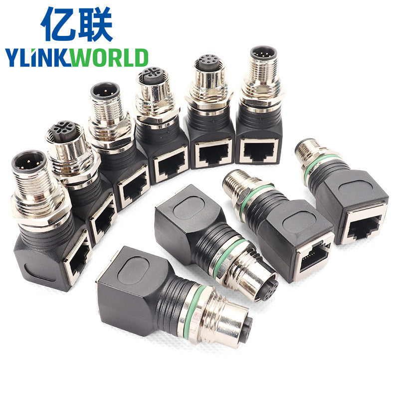 M12 to RJ45 Industrial Ethernet Connector Adapter, 4-Pin/8-Pin, Male/Female, Angled/Straight, Waterproof