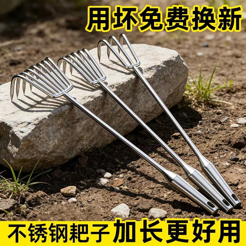 Stainless Steel Garden Rake with Long Handle for Weeding and Soil Loosening