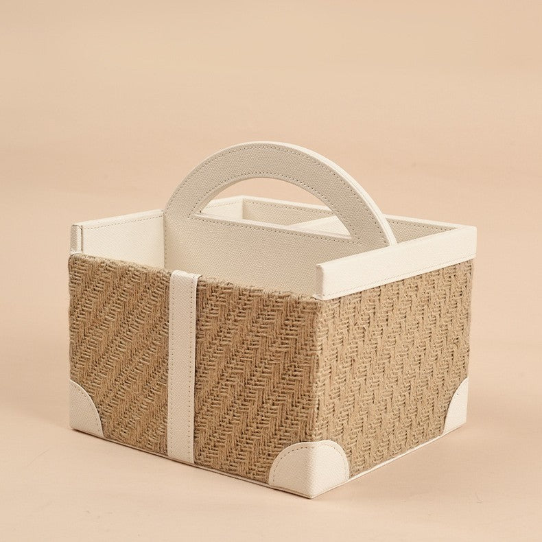 Luxury Leather Storage Basket with Hand-Woven Texture for Desktop Organization