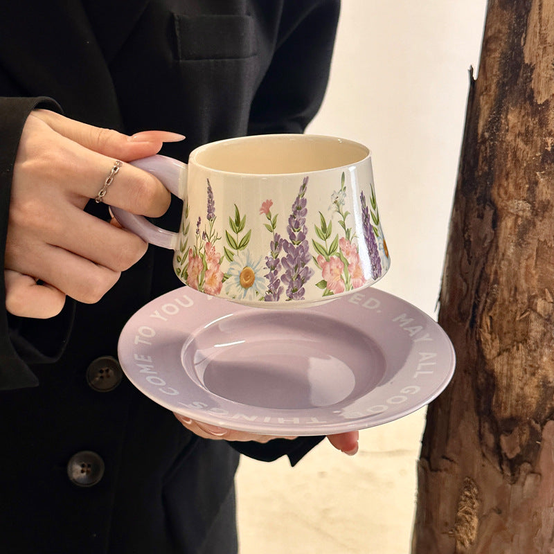 Ceramic Coffee Mug with Saucer and Spoon, Elegant Office Tea Cup, Birthday Gift for Women