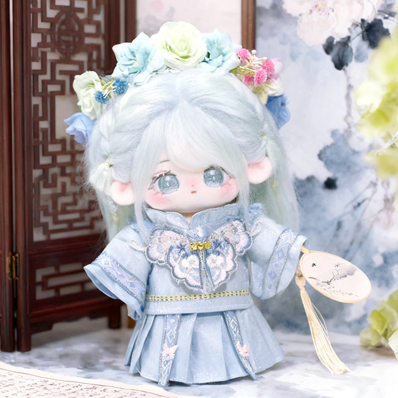 20cm Cotton Doll Hanfu Outfit "Blue Rhyme Dream" with Hairpin, Top, Cloud Shoulder, Apron, Shoes & Socks