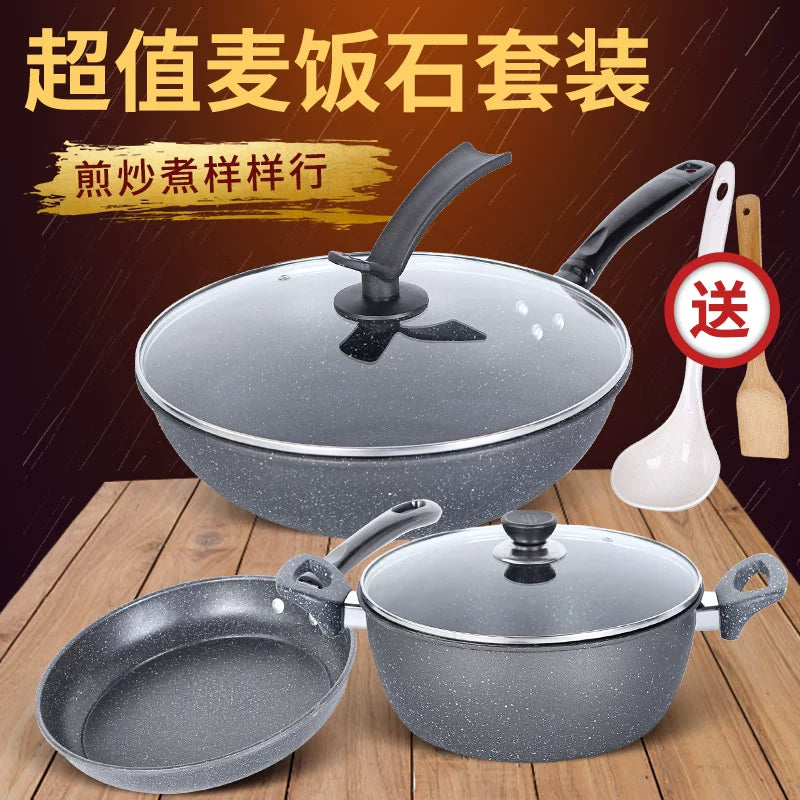 Maifan Stone Non-Stick Cookware Set with Frying Pan, Soup Pot, and Wok for Induction Cooktops