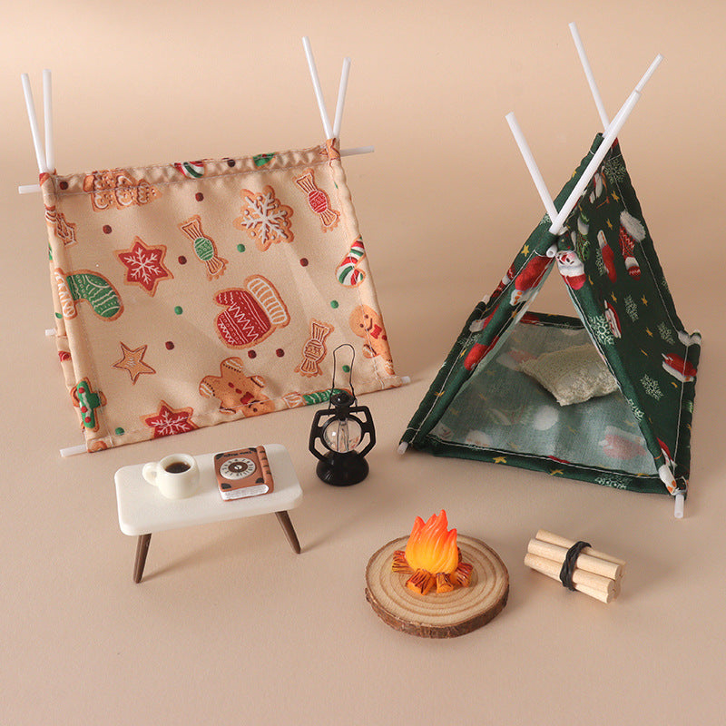 Dollhouse Christmas Mini Camping Tent Set for OB11 Miniature Outdoor Picnic Scene Decoration