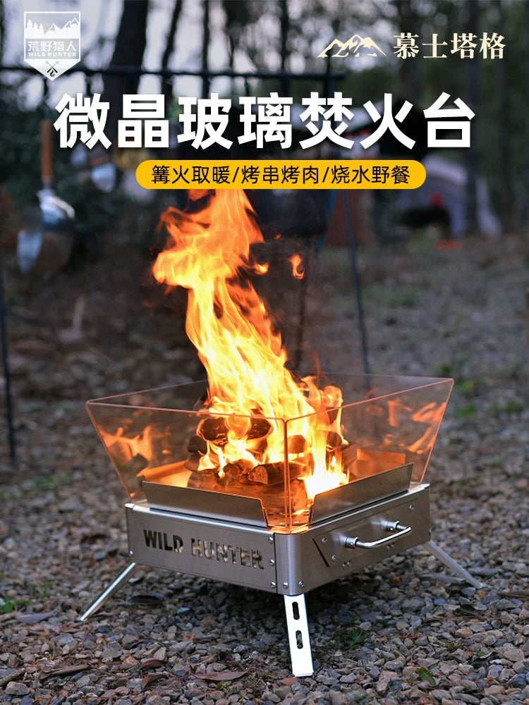Wilderness Hunter Outdoor Camping Fire Pit with Microcrystalline Glass, Folding Wood Burning Stove for Tea, Charcoal Grill