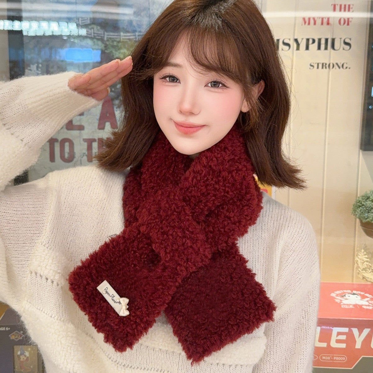 Plush Cross Scarf with Letter Patch for Winter Warmth