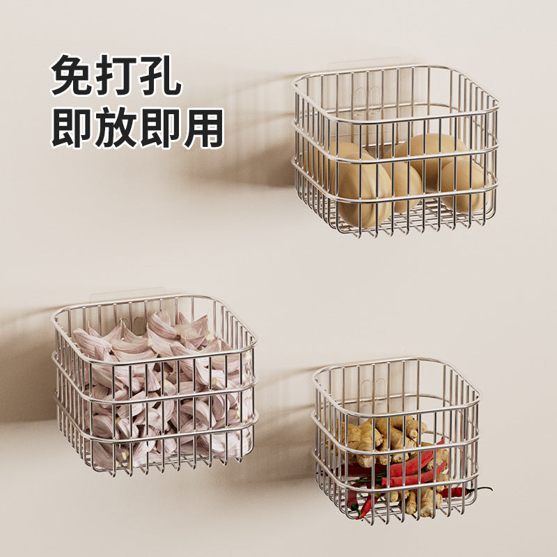 Wall-Mounted 304 Stainless Steel Storage Basket for Kitchen, Pantry, and Bathroom
