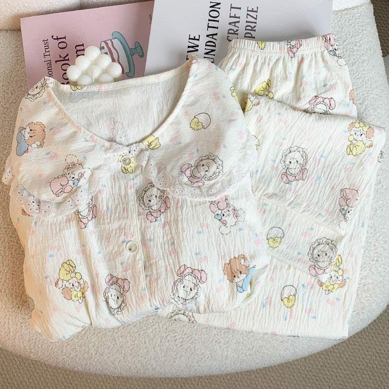 Women's Japanese Style Cloud Cotton Pajama Set with Peter Pan Collar, Long Sleeve Lace Trim Homewear