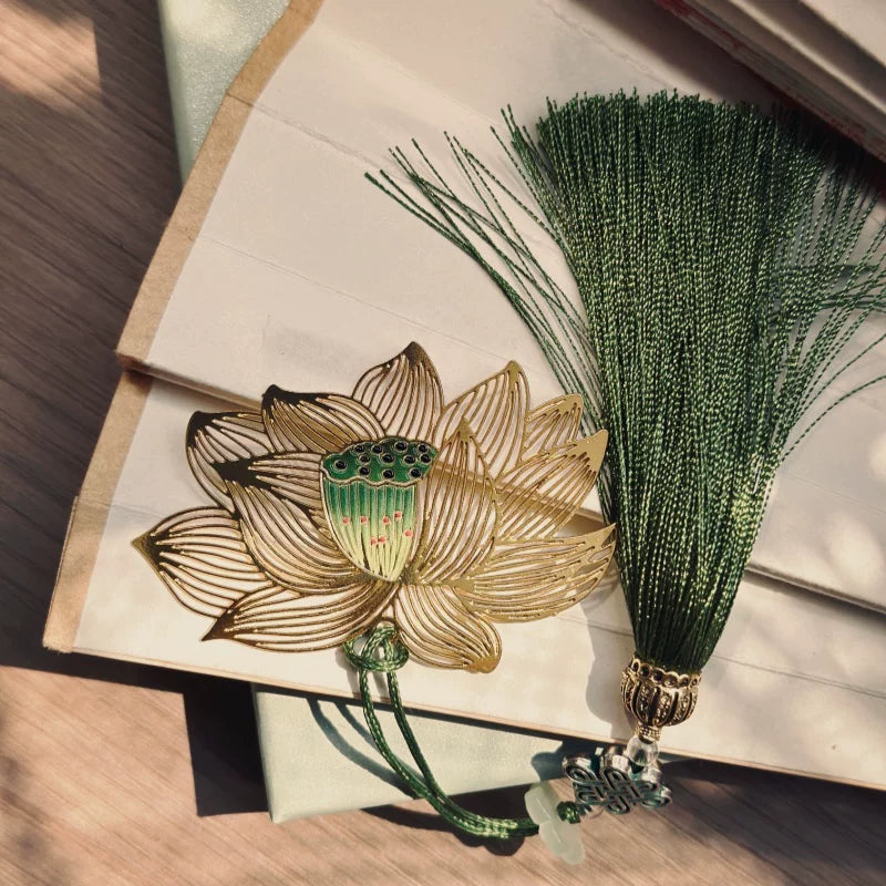 Classical Lotus Metal Hollow Bookmark with Tassel, Exquisite Gift for Students and Business