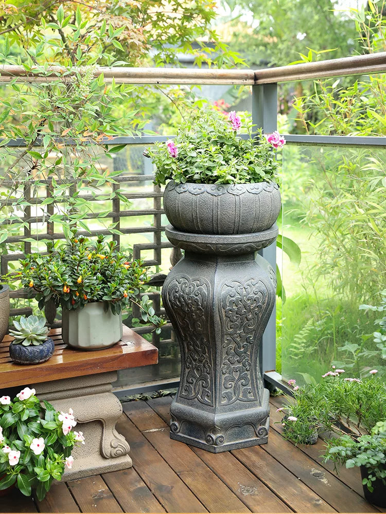 New Chinese Style Faux Stone Pedestal Planter Base for Indoor Outdoor Garden Decor