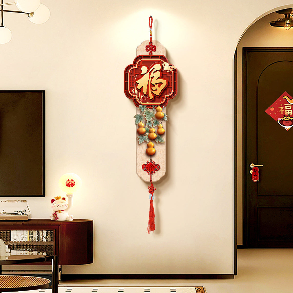 Chinese New Year Gourd Wall Hanging Decoration with Fu Character for Living Room TV Background