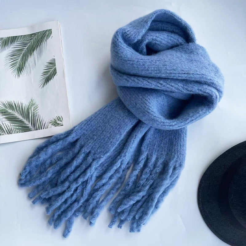 Chunky Braided Tassel Scarf for Winter, Korean Style Solid Color Warm Long Scarf
