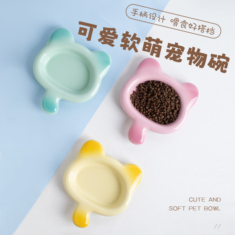 Ceramic Cat Food Bowl with Handle, Anti-Vomiting, Anti-Black Chin, Shallow Dish for Kittens and Small Pets