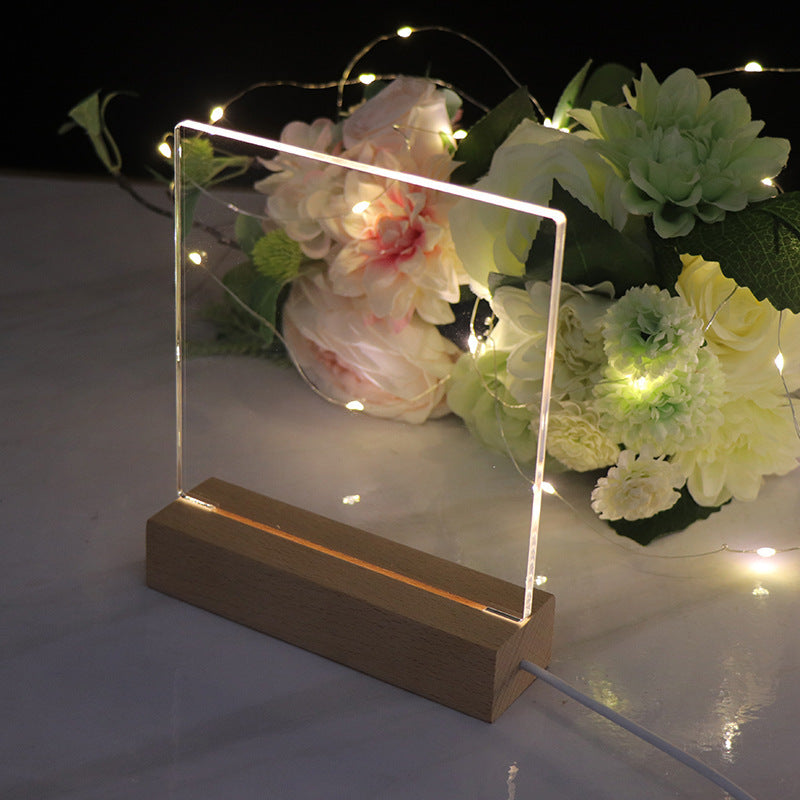LED Message Board with Luminous Acrylic Panel and Wooden Base, Erasable DIY Night Light