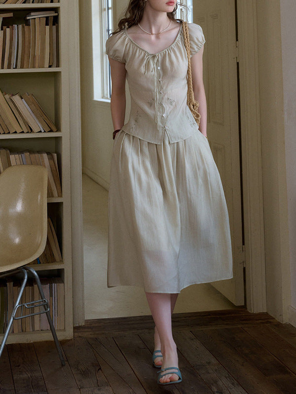 SimpleRetro Tencel Embroidered V-Neck Top & Skirt Set