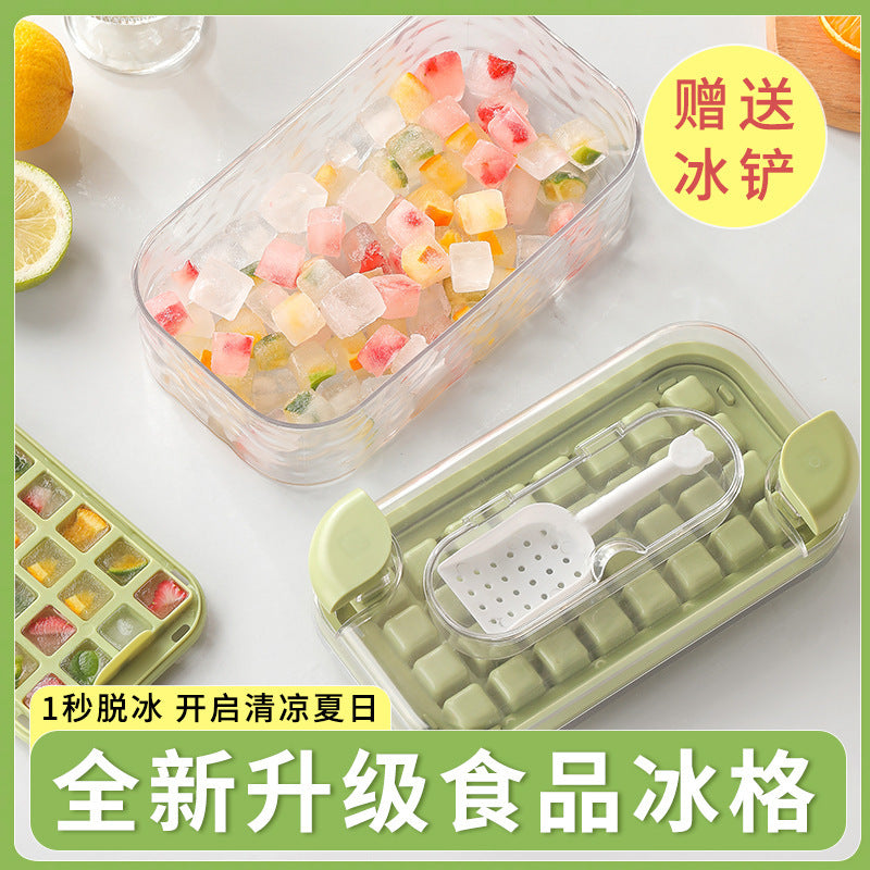New Press-Type Ice Cube Tray with Storage Box and Lid for Home Use, Quick-Freeze Mold for Baby Food