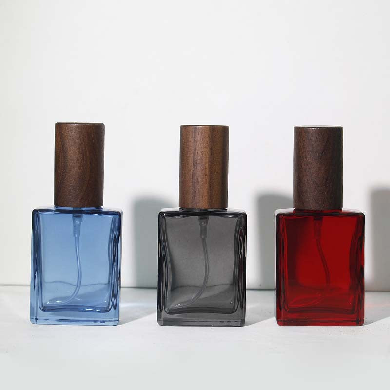 15ml Portable Square Glass Perfume Atomizer with Wooden Cap, Refillable Travel Spray Bottle