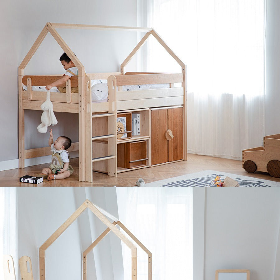 Nordic Style Solid Wood Treehouse Bed for Kids with Slide and Wardrobe, Playhouse Design