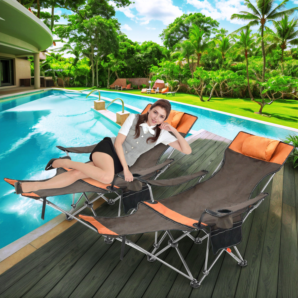 Portable Folding Recliner Chair for Outdoor Camping Beach Pool with Footrest