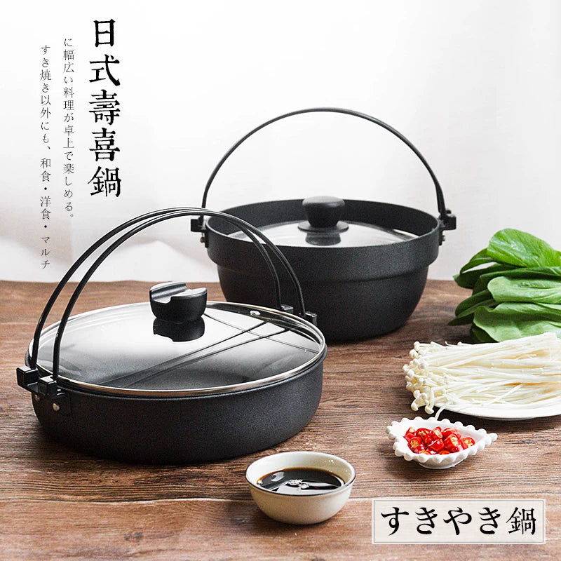 Japanese Sukiyaki Hot Pot, Non-Stick Aluminum Alloy Stew Pot with Handle, Induction Cooktop and Open Flame Compatible