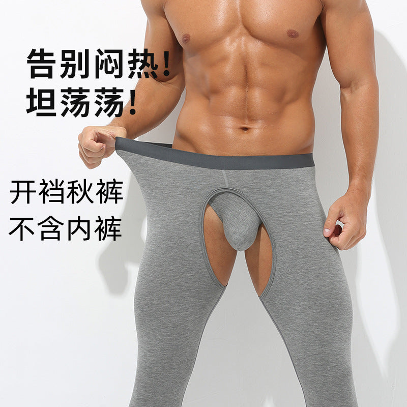 Men's Modal Thermal Underwear with Open Crotch, Thin Base Layer Leggings for Winter