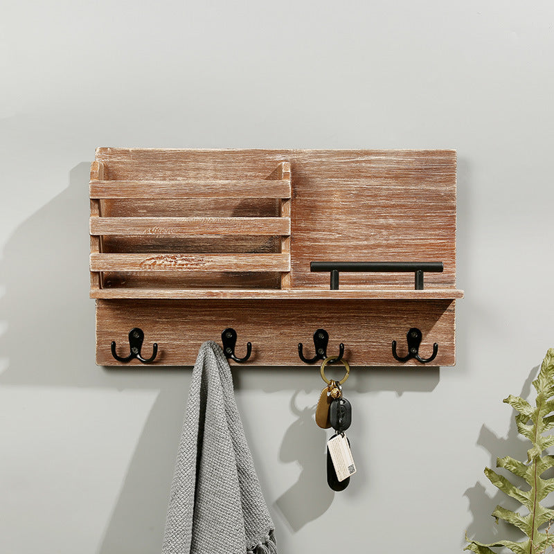 Wall-Mounted Solid Wood Shelf with Hooks for Entryway and Living Room Key Storage