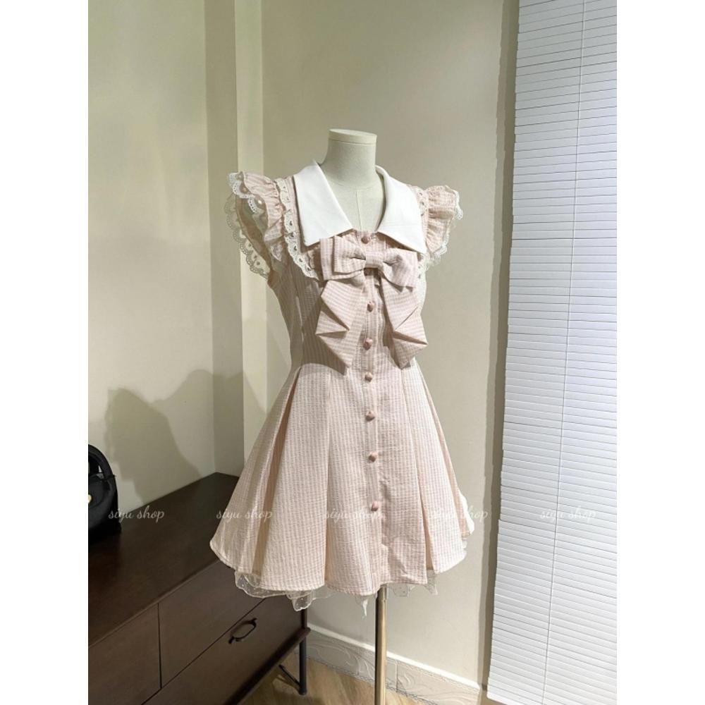 Korean Style Striped Dress and Shorts Set for Women, Sweet Bowknot Princess Outfit