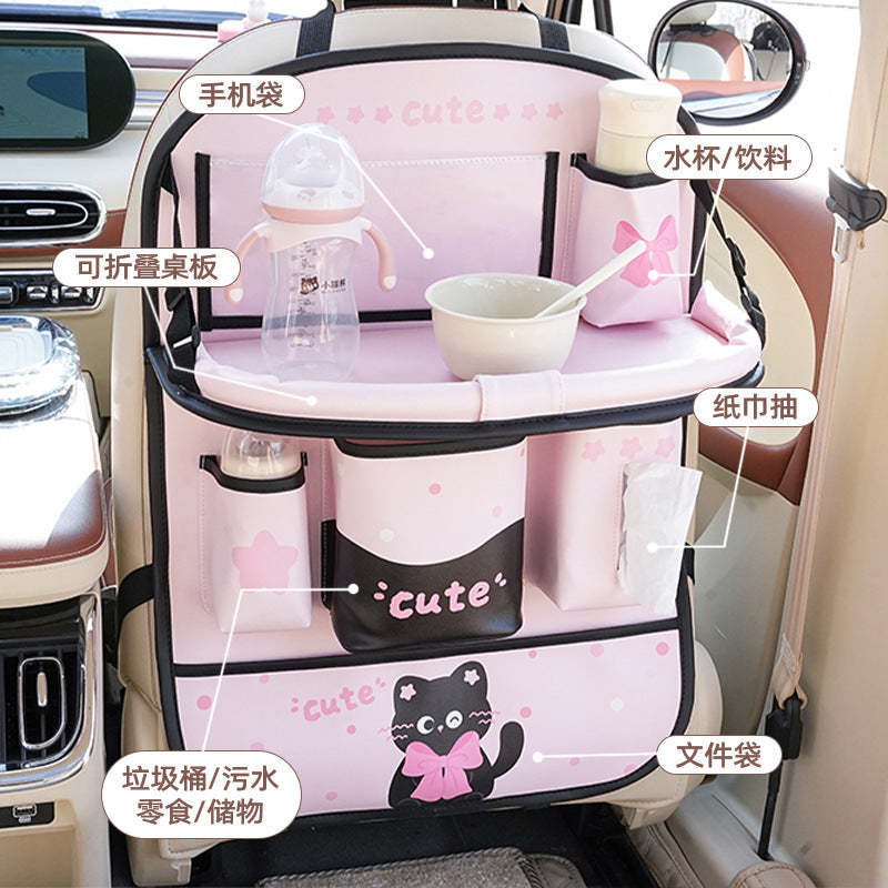 Cartoon Car Backseat Organizer Bag with Foldable Tray and Trash Storage