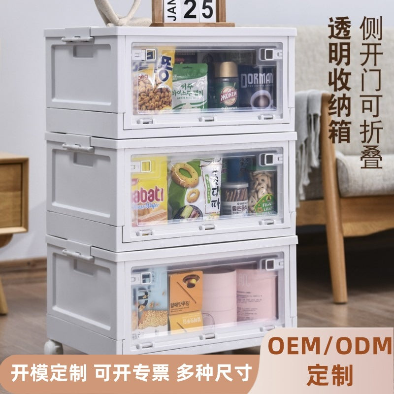 Japanese Style Foldable Storage Box with Lid and Wheels, Double Door Transparent Plastic Organizer for Home and Car