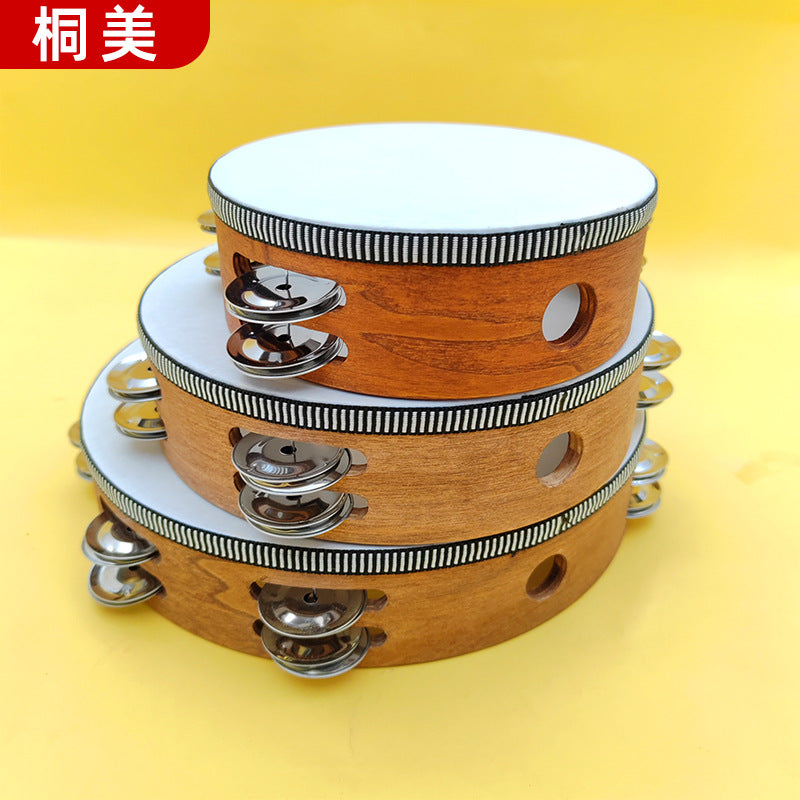 Orff Percussion Tambourine Set for Kids, Walnut Finish Hand Drum with Double Row Jingles