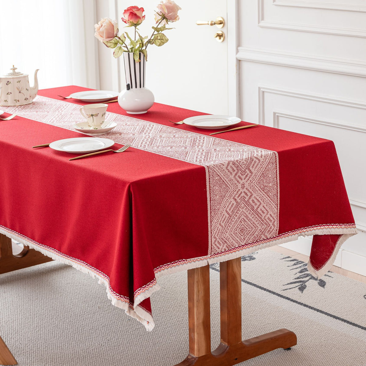 Wedding Celebration Jacquard Tassel Tablecloth Thickened Cotton Linen Retro Cover for Long Tables and Coffee Tables