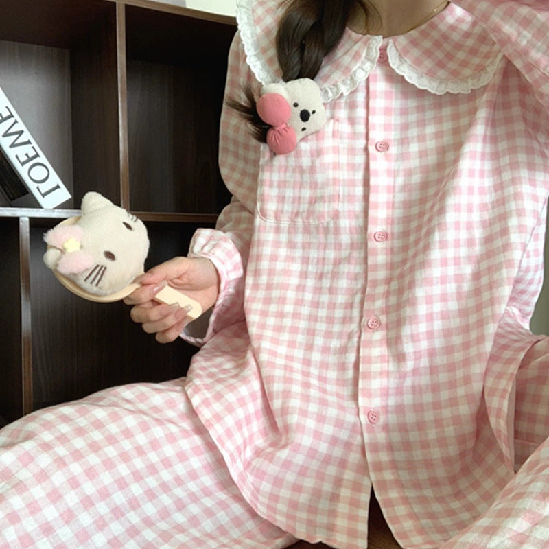 Women's Cloud Cotton Plaid Pajama Set with Doll Collar Long Sleeve
