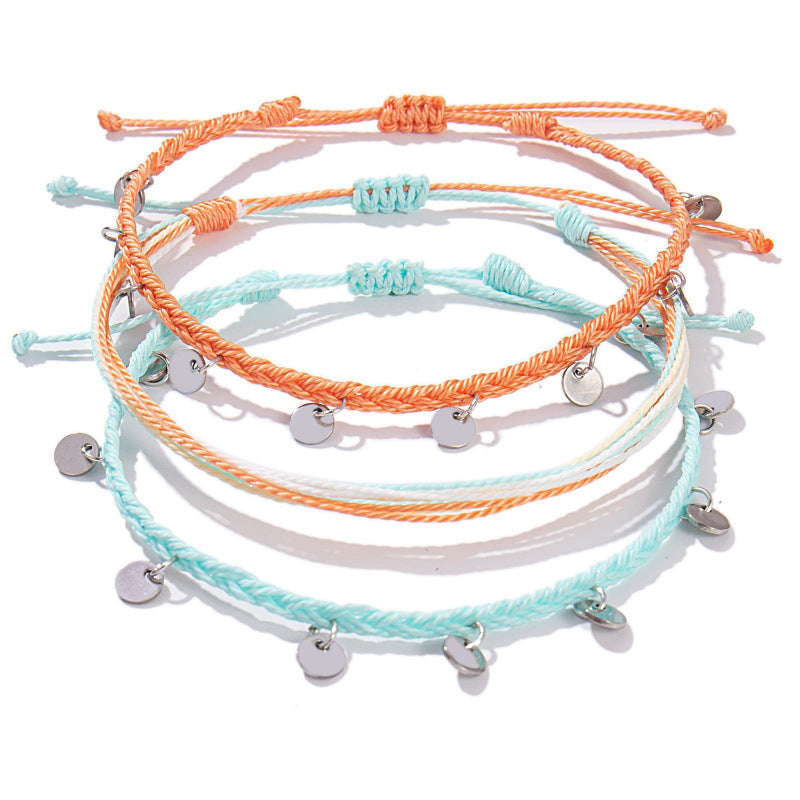Beach Friendship Woven Bracelet with Alloy Disc and Waxed Cord, Adjustable for Women