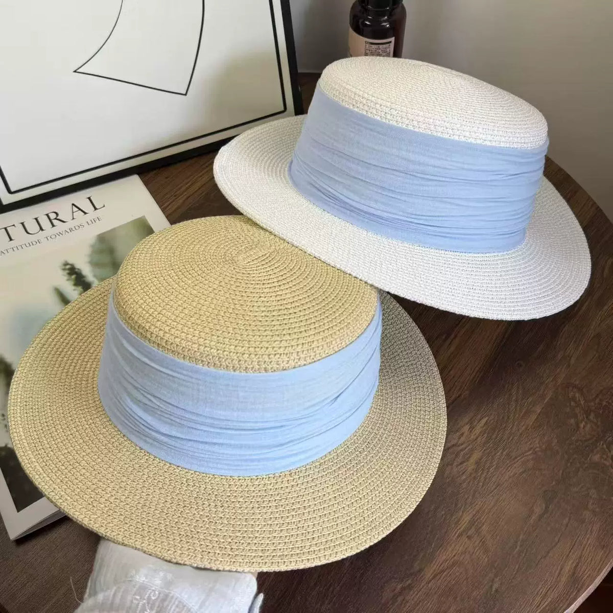 Women's Flat-Top Straw Sun Hat for Beach Vacations and Sun Protection