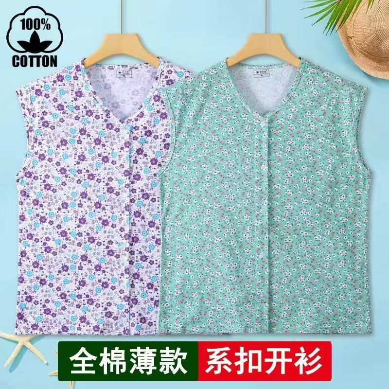 Women's Plus Size Cotton Button-Front Vest for Middle-Aged and Elderly, Loose Floral Sleeveless Top