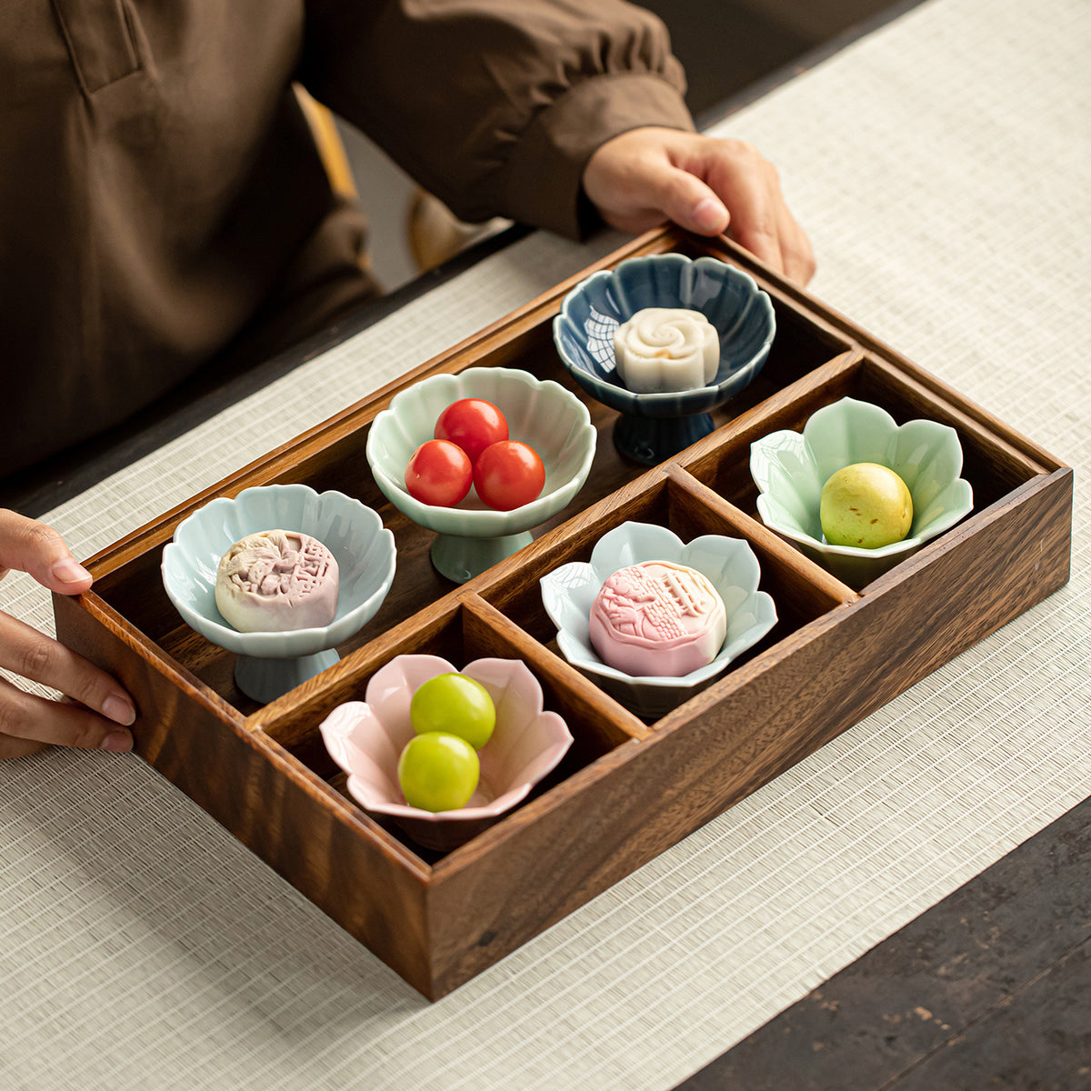Japanese Style Afternoon Tea Dessert Plate Set Solid Wood Fruit Tray Divided Snack Platter Zen Home Teahouse Fruit Holder