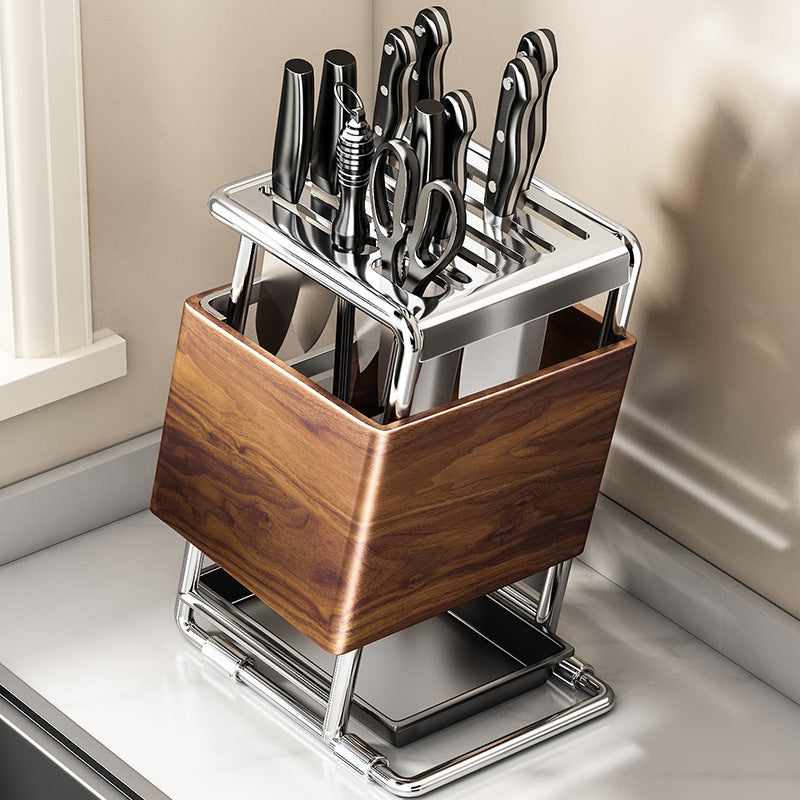 Mid-Century Style Kitchen Knife Holder with Drain Tray, Countertop Cutlery Storage Rack