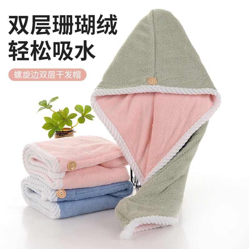 Dual-Layer Coral Fleece Hair Drying Towel Cap, Super Absorbent Quick Dry Turban