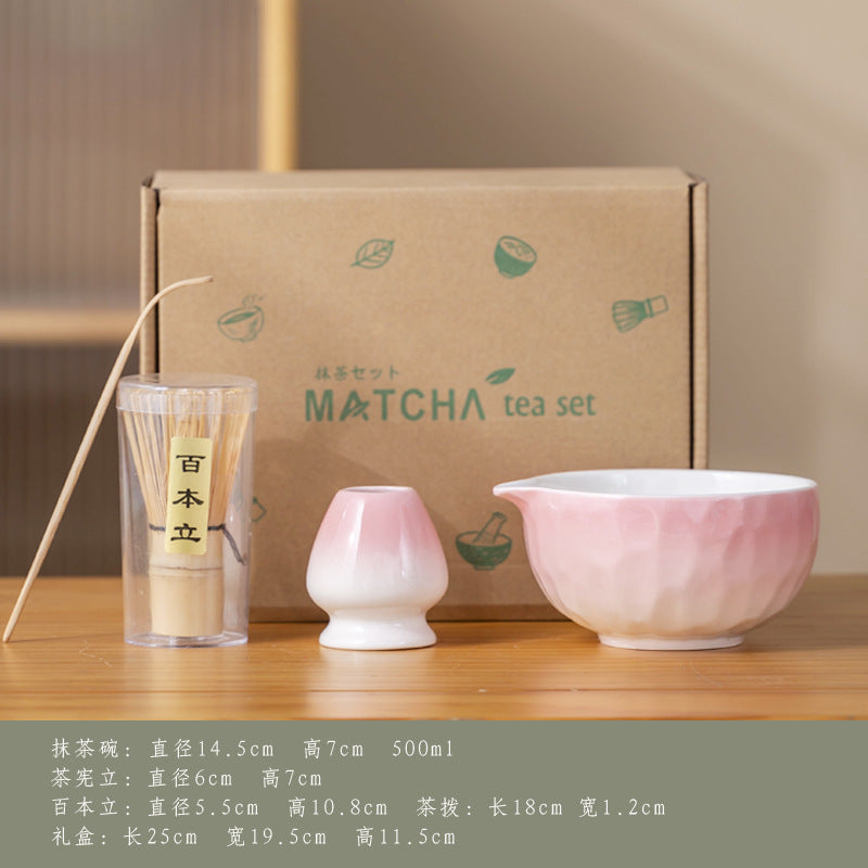Ceramic Matcha Bowl Set with Bamboo Whisk and Stand, Diamond Pattern, Gradient Colors