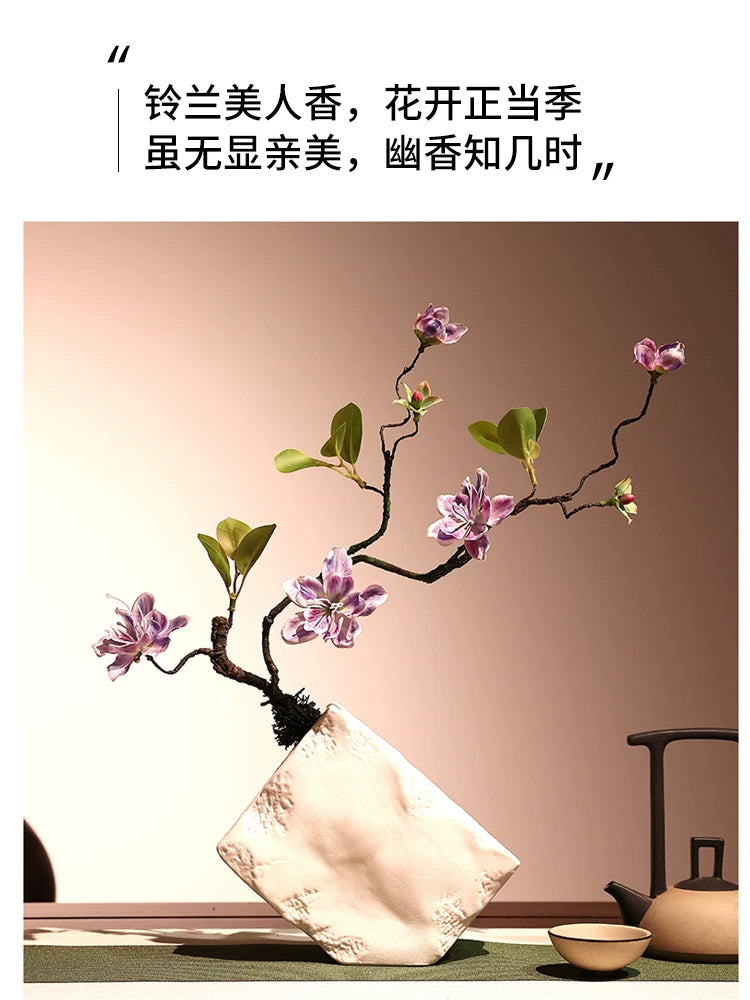 Zen Style Artificial Orchid & Jasmine Floral Arrangement with Ceramic Vase for Home Decor