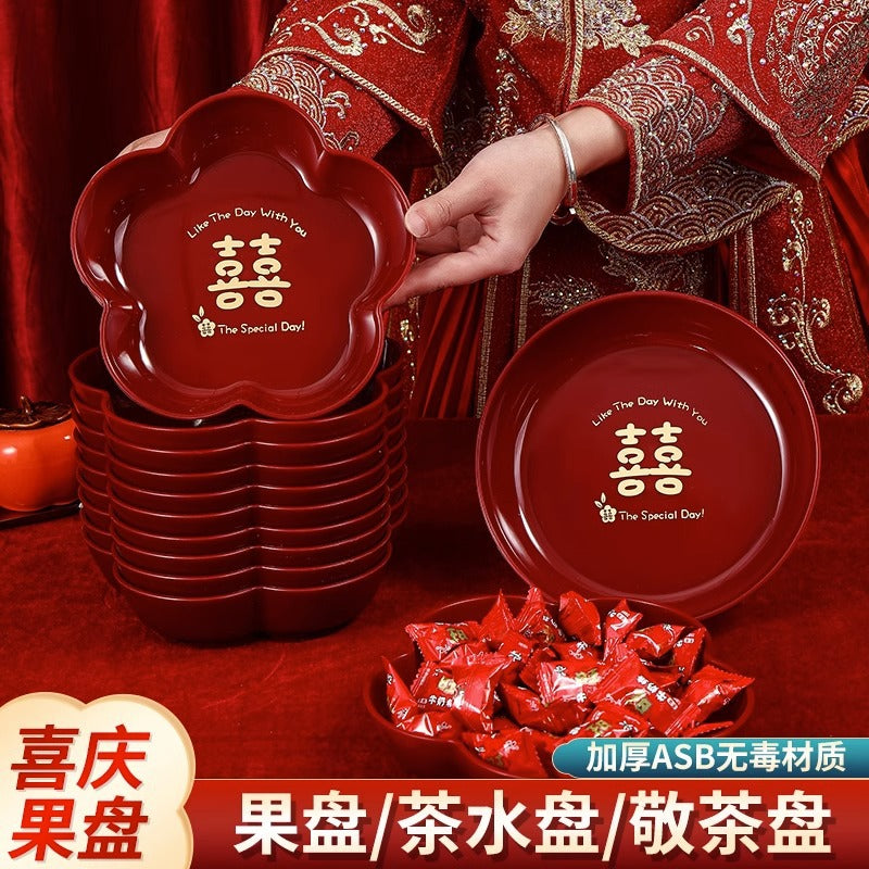 Red Wedding Candy and Dried Fruit Tray for Living Room Coffee Table, New Home Celebration Fruit Plate
