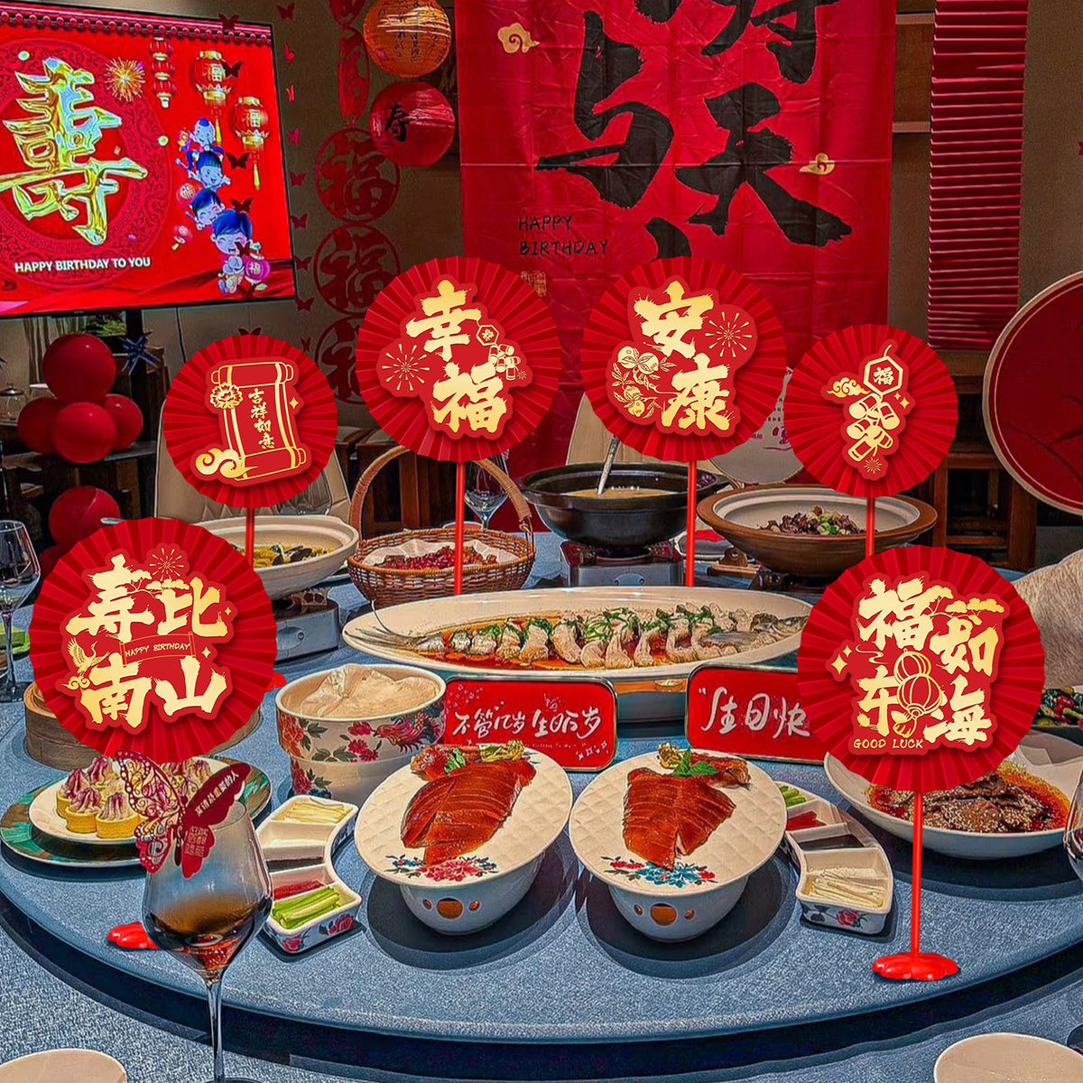 Longevity Celebration Paper Fan Flower Table Decor for Senior Birthday Parties
