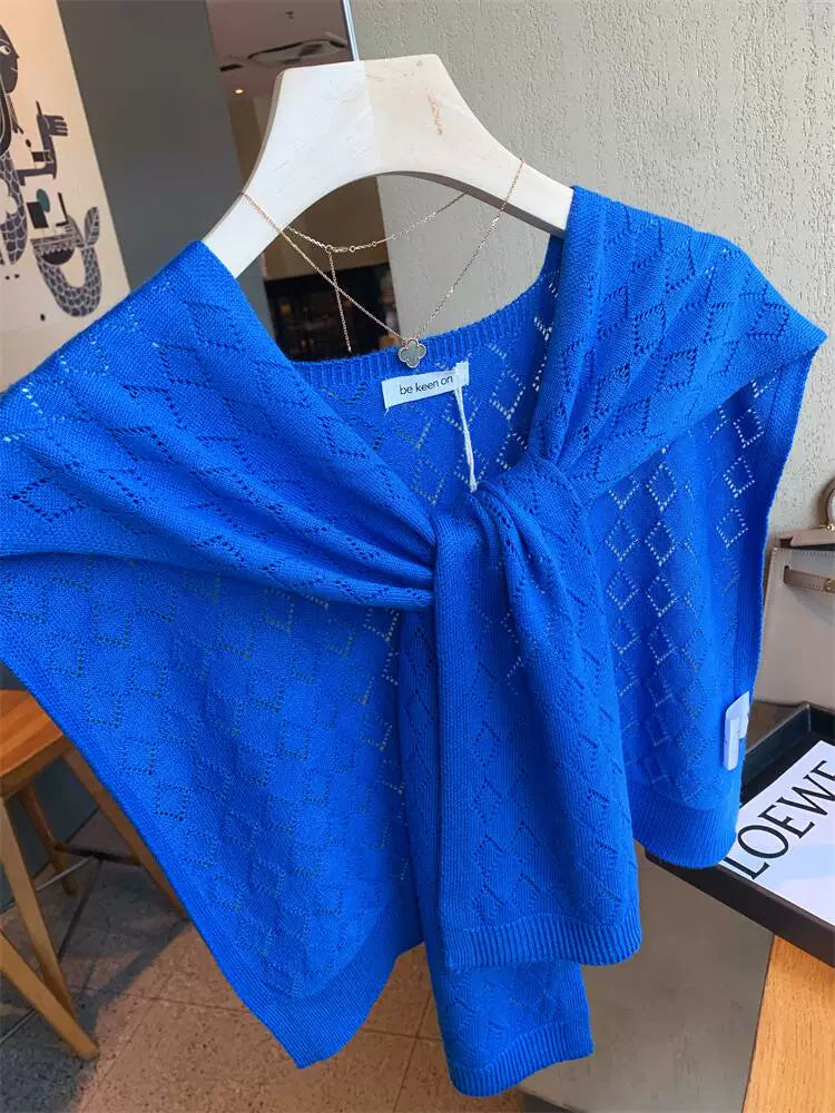 Klein Blue Argyle Knit Shawl for Spring/Summer - Korean Style Versatile Decorative Scarf