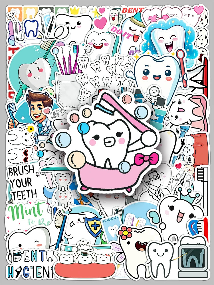 100 Pcs Dental Care Cartoon Stickers for DIY Decoration, Waterproof and Residue-Free