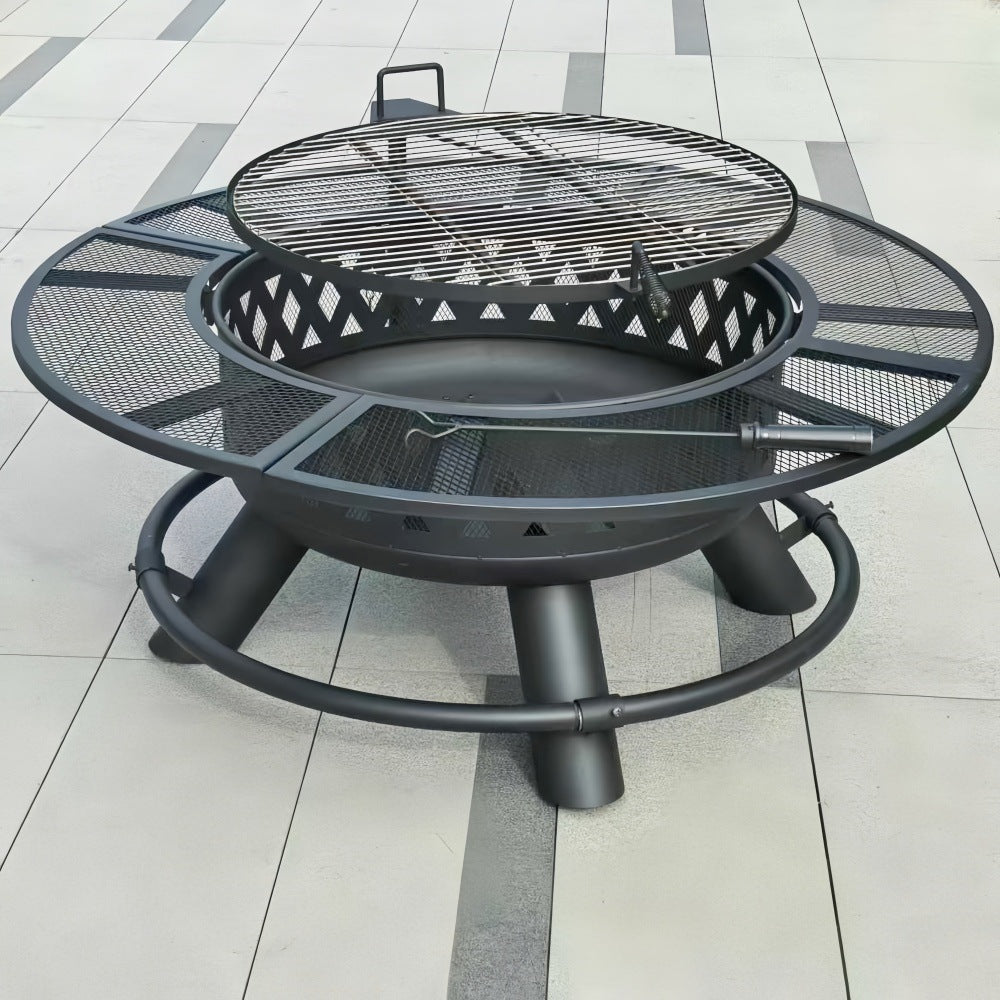 Outdoor Multifunctional Fire Pit BBQ Grill with Rotating Double-Layer Design for Home Patio Heating and Tea Set