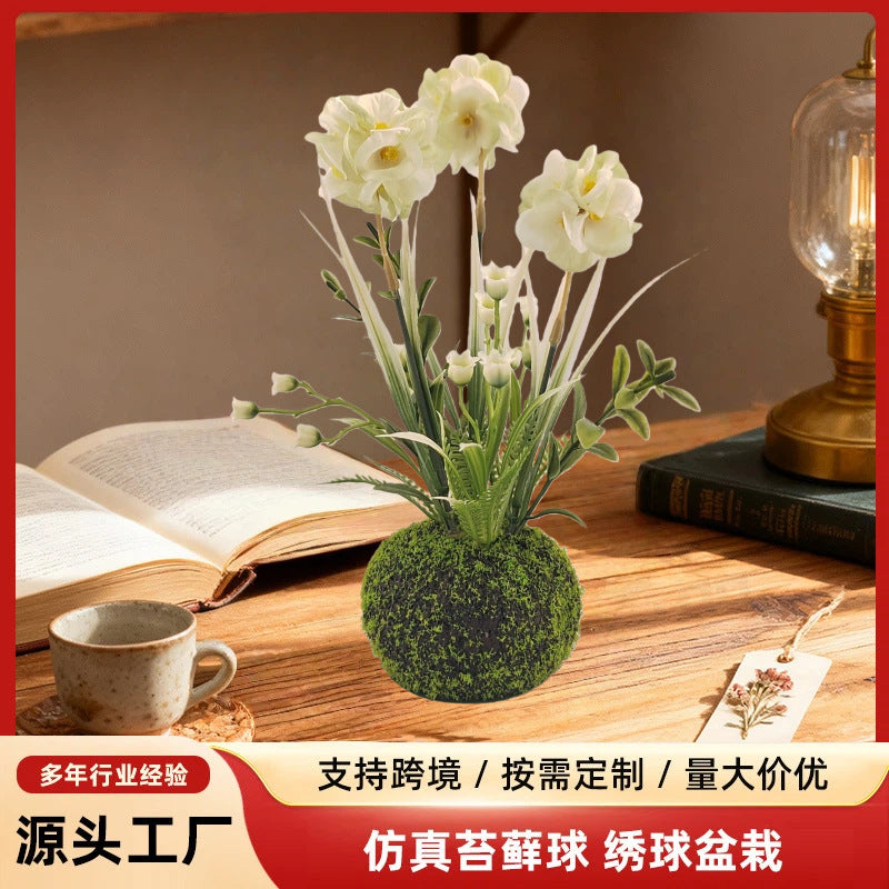 Artificial Moss Ball Hydrangea Potted Plant for Indoor/Outdoor Home Decor
