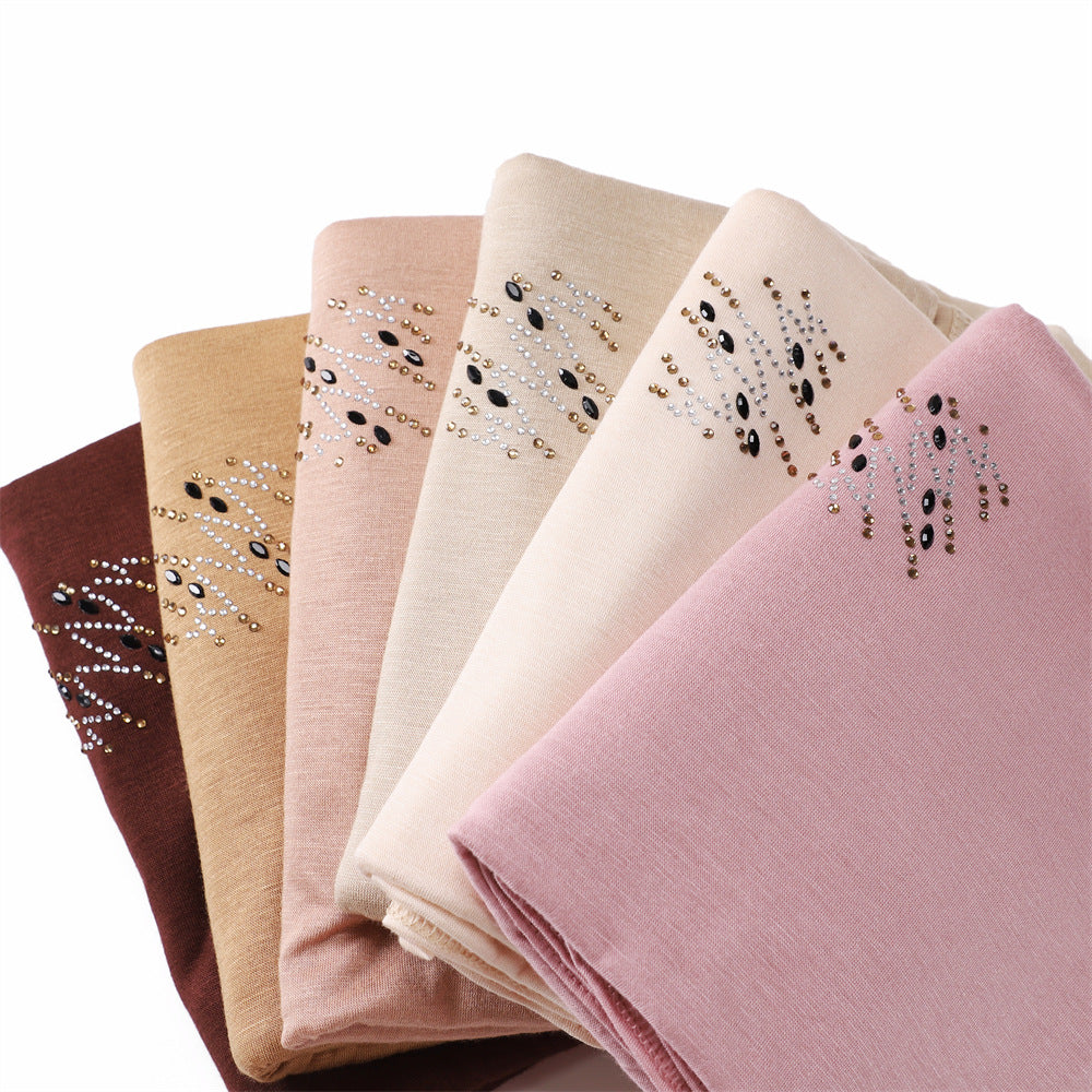 Women's Elastic Mercerized Cotton Jersey Shawl Scarf with Rhinestone Embellishment